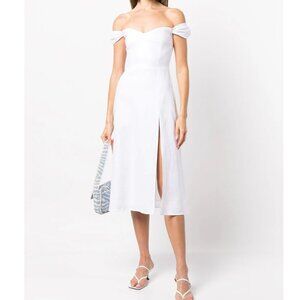 $248 Reformation Bridgton Linen Dress in White Midi Off Shoulder Size 0